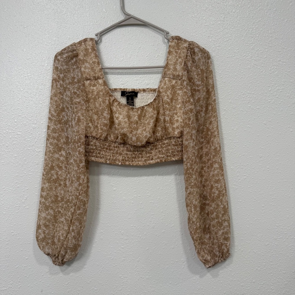 Japna Women Tan Floral Smocked Crop Top Square Neck Long Sleeve Small